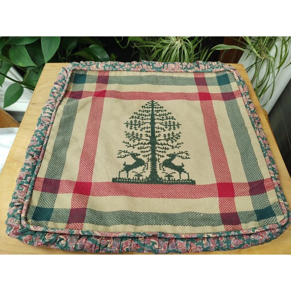Completed Cross Stitch Tree Deer Ruched Sides Hidden Zipper Piping Pillow 15X15
